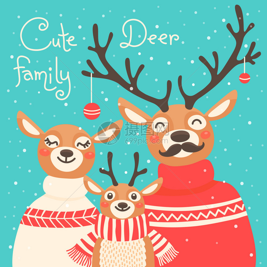 圣诞驯鹿家庭小鹿可爱卡片上装有毛衣和围图片
