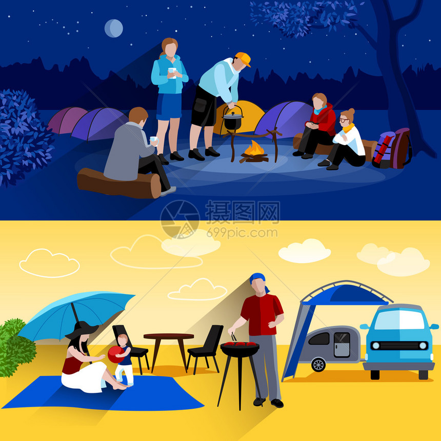 在夜间与营地和野餐标志一起架设横向幅图片