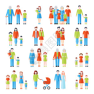 幸福的家庭三代平面图标设置与父亲母祖父母和孩子抽象图片