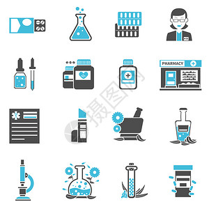 药理和药剂及植物黑和蓝色图标设置孤图片
