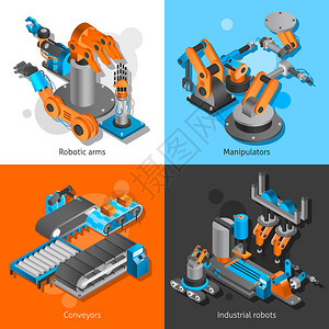 工业机器人设计概念集与机器人手臂和输送机等距图图片