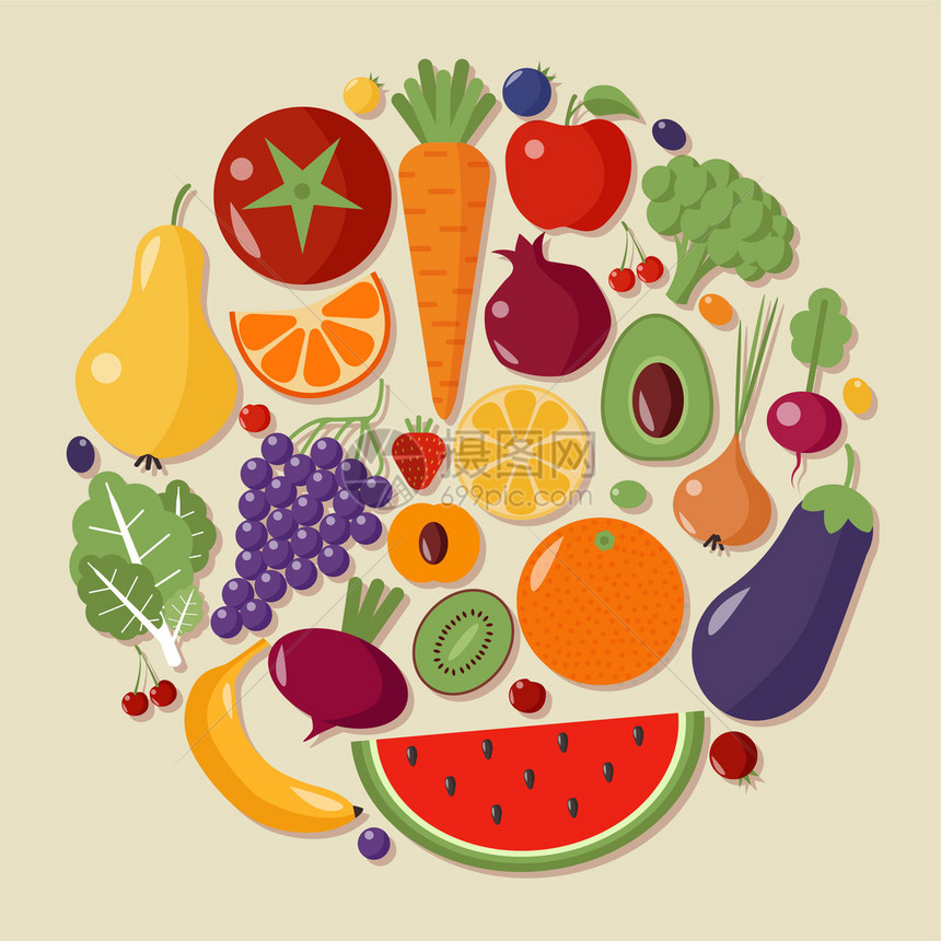 一套健康食品各种水果和蔬菜以矢量的图片