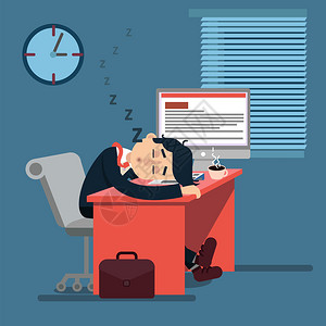 还不睡干嘛累了睡觉的商人在工作在他的工作场所的办公室工作人员现代平面风插画
