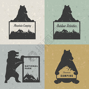 矢量图熊与标志安装露营在白色背景上熊符号可用于T恤印刷标签徽章图片