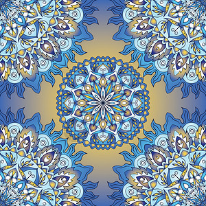五颜六色的曼荼罗无缝图案蓝色调上的矢量东方装饰品壁纸包装纸靠垫纺织品地毯瓷砖背景图片