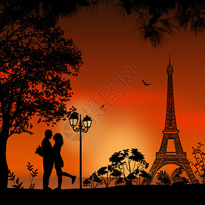 巴黎的爱人以美丽的日落背景浪漫的景图片