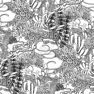以白色背景线状艺术风格绘制的珊瑚礁海洋植物和岩石是无缝模式图片