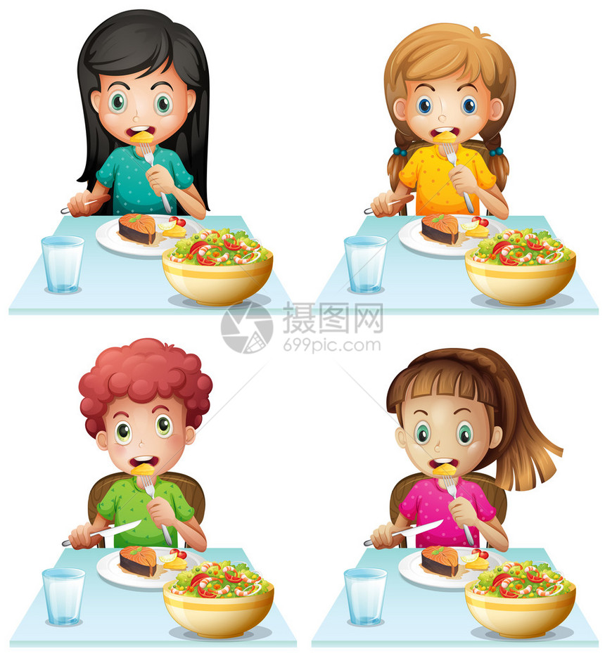 男孩和女孩在餐桌上吃饭插画图片