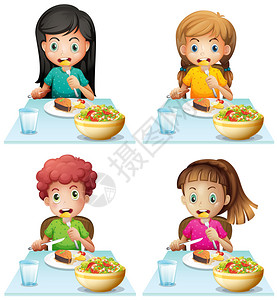 男孩和女孩在餐桌上吃饭插画图片