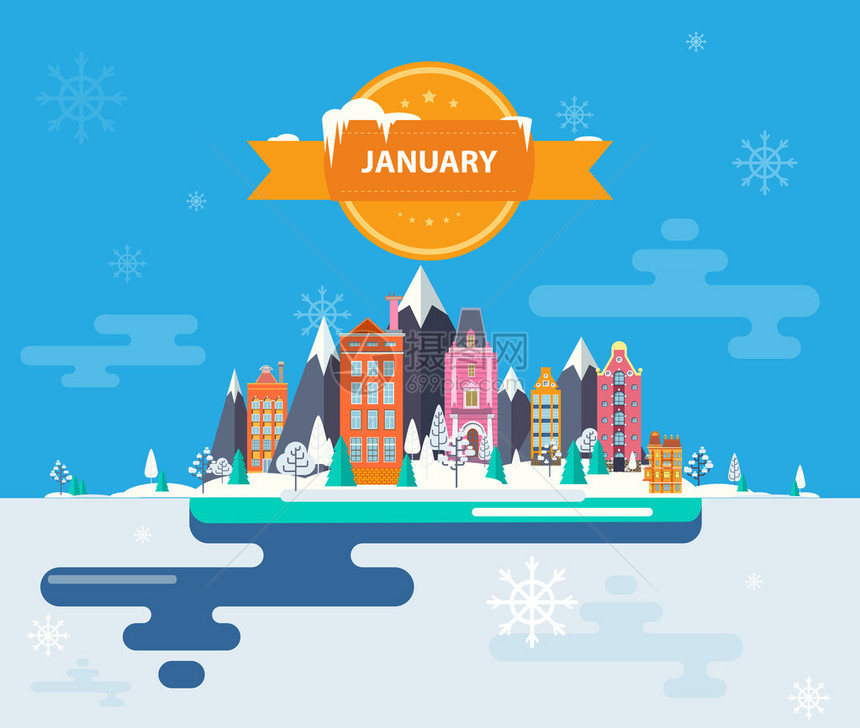 冬季景观小城市一套城市建筑日历一月信息图表平面设计山城市自然建筑物图片