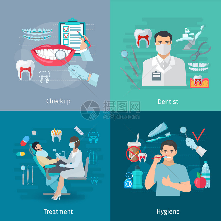 平面彩色牙齿护理概念方组成的体检牙医工具治疗和卫生图片