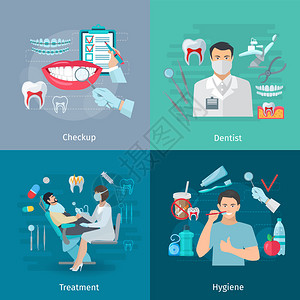 平面彩色牙齿护理概念方组成的体检牙医工具治疗和卫生图片