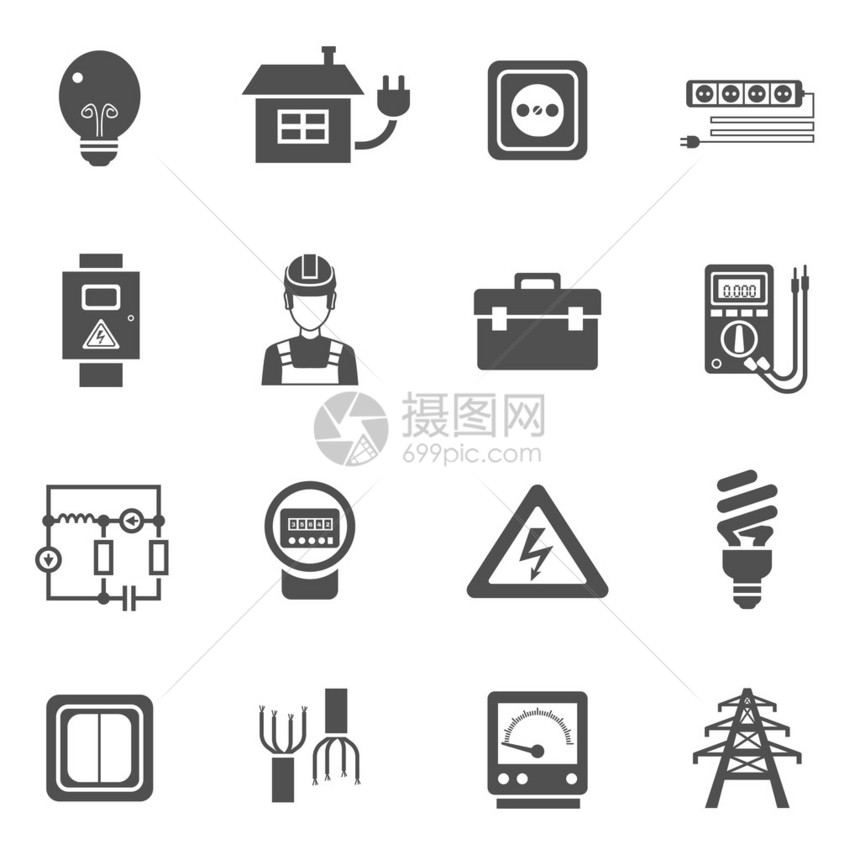 带有电力和能源符号的电动黑白图标平放图片