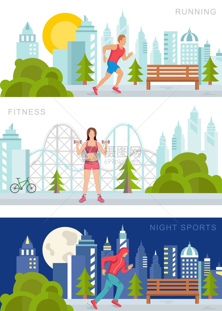 矢量集运动和健身插图和白色背景上的横幅跑步男人健身女人和夜间运动现代孤立插图城图片