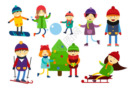 寒假圣诞节孩子们玩冬季游戏滑冰滑雪拉雪橇图片