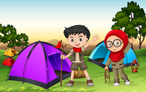 在野外露营的男孩和女孩插图图片