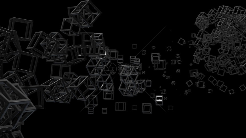 有光泽的立方体框架以随机顺序悬挂在黑色背景上的空中与多维数据集的抽象插图一团黑图片
