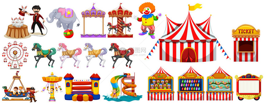 马戏团插图中的不同物体图片