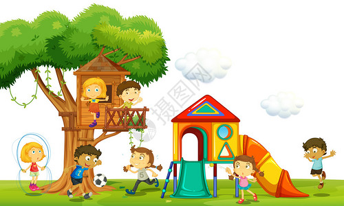 孩子们在公园里的树屋里玩耍插图图片
