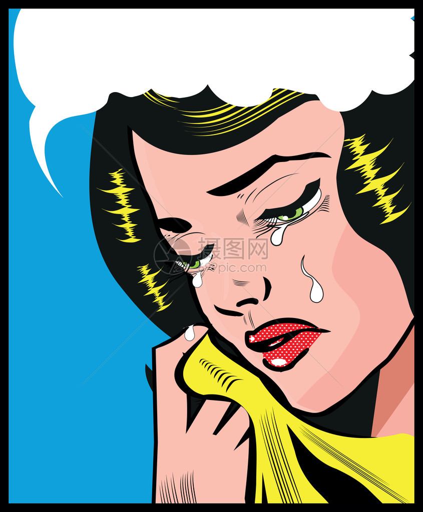 哭泣悲伤的女人波普艺术插图别针风格背景波普艺术女孩复古广告海报有演图片