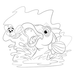 彩色书饿鱼从水里跳出来插画