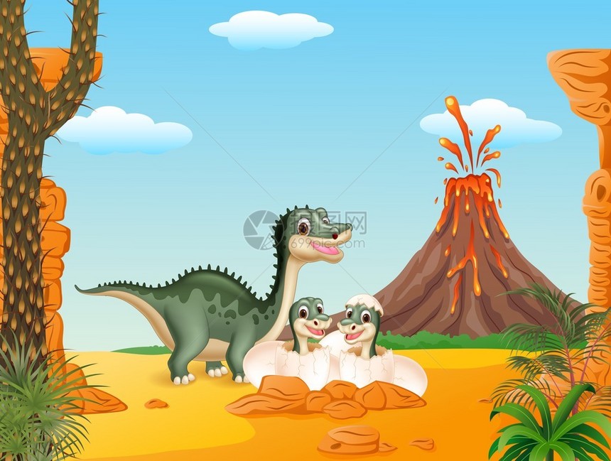 卡通微笑的母亲暴龙恐和婴儿恐龙的矢量插图在史前背图片