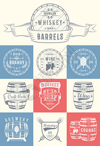 一套带有酒精饮料标志和标签的木桶一套老式的标志徽章带有木桶的啤酒屋酒吧酒馆葡萄酒和威士忌市场啤酒厂餐厅背景图片