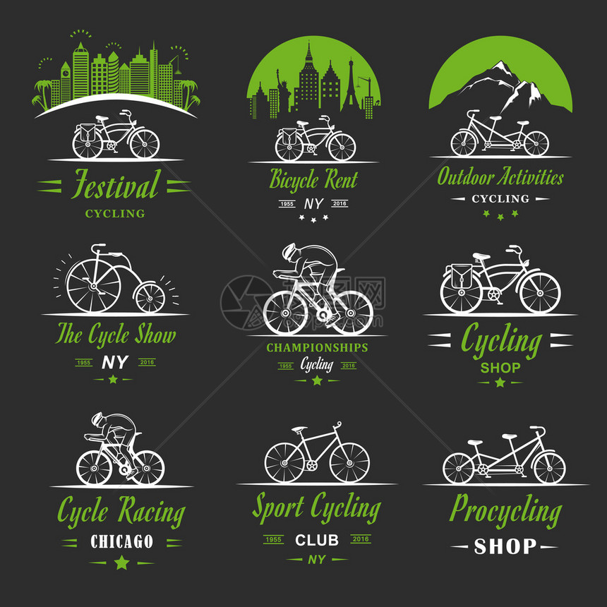 一套复古现代和复古的标志徽章和标签自行车专业自行车商店设备和俱乐部骑自行车的印刷标志图标和旧标图片