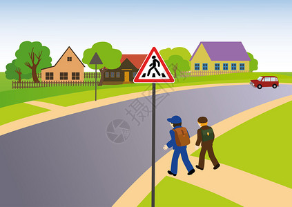乡村地区儿童在路牌Pedestrian十字路图片
