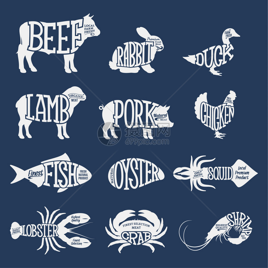 屠宰场和海鲜标志集带有示例文本的农场动物和海鲜杂货店店海鲜店和广告的农场动物和海鲜剪影系列图片
