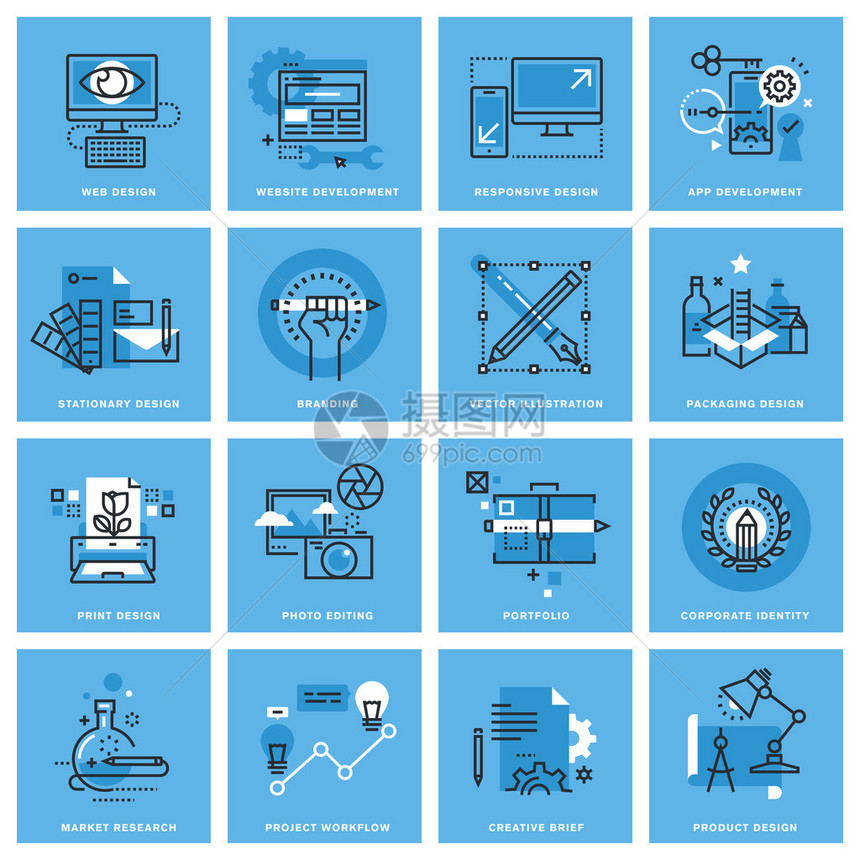 一组不同类别的平面设计网站和应用程序设计与开发项目工作流的细线概念图标图片