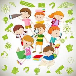 儿童阅读和学习插图小组儿童图片