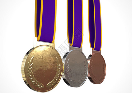一组白金银和铜奖牌带有孤立的白色工作图片