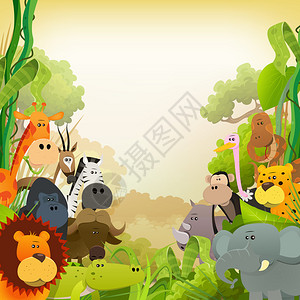 来自非洲大草原的可爱的各种卡通野生动物的插图图片