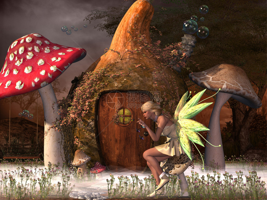 仙女贝儿在魔法森林里她的古尔德家外面图片