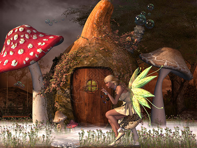 仙女贝儿在魔法森林里她的古尔德家外面插画