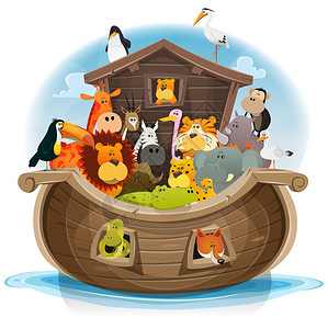 诺亚方舟内的可爱卡通野生动物群的插图图片