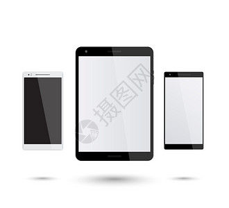 白色银色和黑色智能手机上的平板电脑和智能手机矢量模型图片