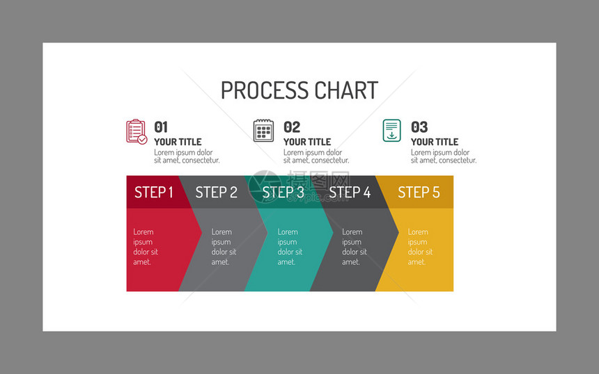 白色背景上水平五步进程图表的可编辑矢量多彩色模板图片