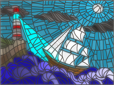 与帆船和灯塔对着天空和海洋使用彩色玻图片