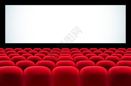 带有一排红色座位和文字空白屏幕的电影放映厅图片