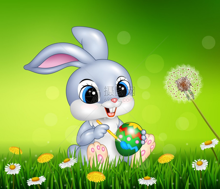 复活节兔子在草背景上画鸡蛋的矢量插图图片