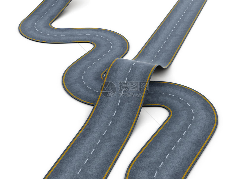 在白色背景上的彼此的道路3d渲染两条弯曲道图片
