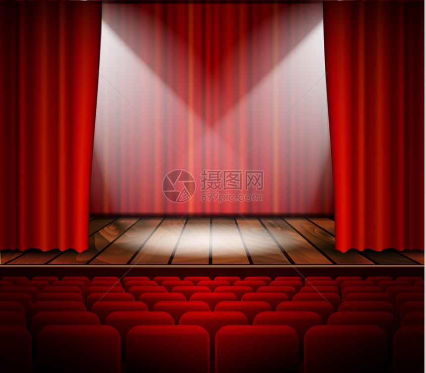 红窗帘座位和聚光灯的剧图片