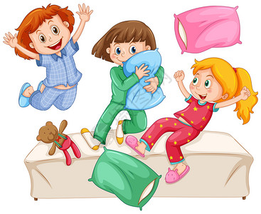 三个女孩玩枕头搏斗在背景图片