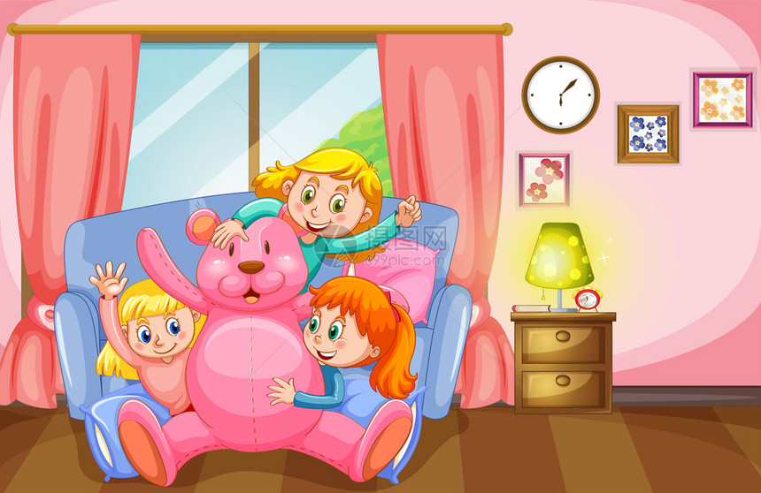 客厅插图中的三个女孩和粉色泰迪熊图片