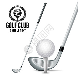 一套高尔夫设备白色T恤和高尔夫球杆上的白色高尔夫球现实的矢量图在白背景图片