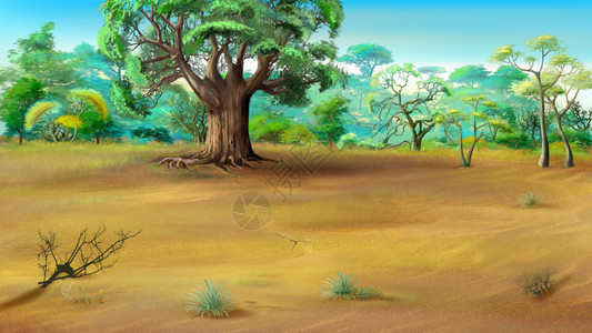 拉凡塔勒夏季非洲草原的数码绘画与背景上的巨型芭拉Ba插画