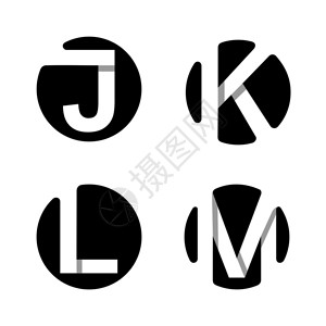 大写字母JKLM来自黑色圆圈中的白色条纹与阴影重叠标志会标图片