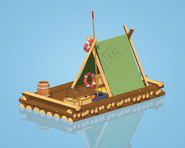 竹筏木筏漂流蓝色背景的木筏3D低聚设计图片